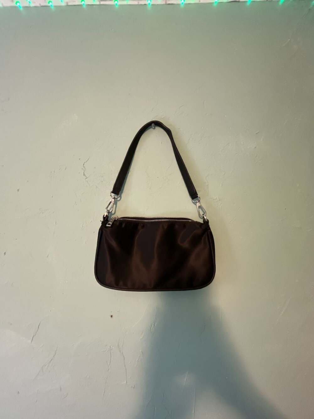 Minimalist Black Satin feel Nylon Shoulder Bag with Silver-Tone Hardware